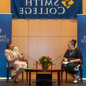 President 莎拉Willie-LeBreton on stage with Lynnette沃特金斯 during her presidential colloquium.